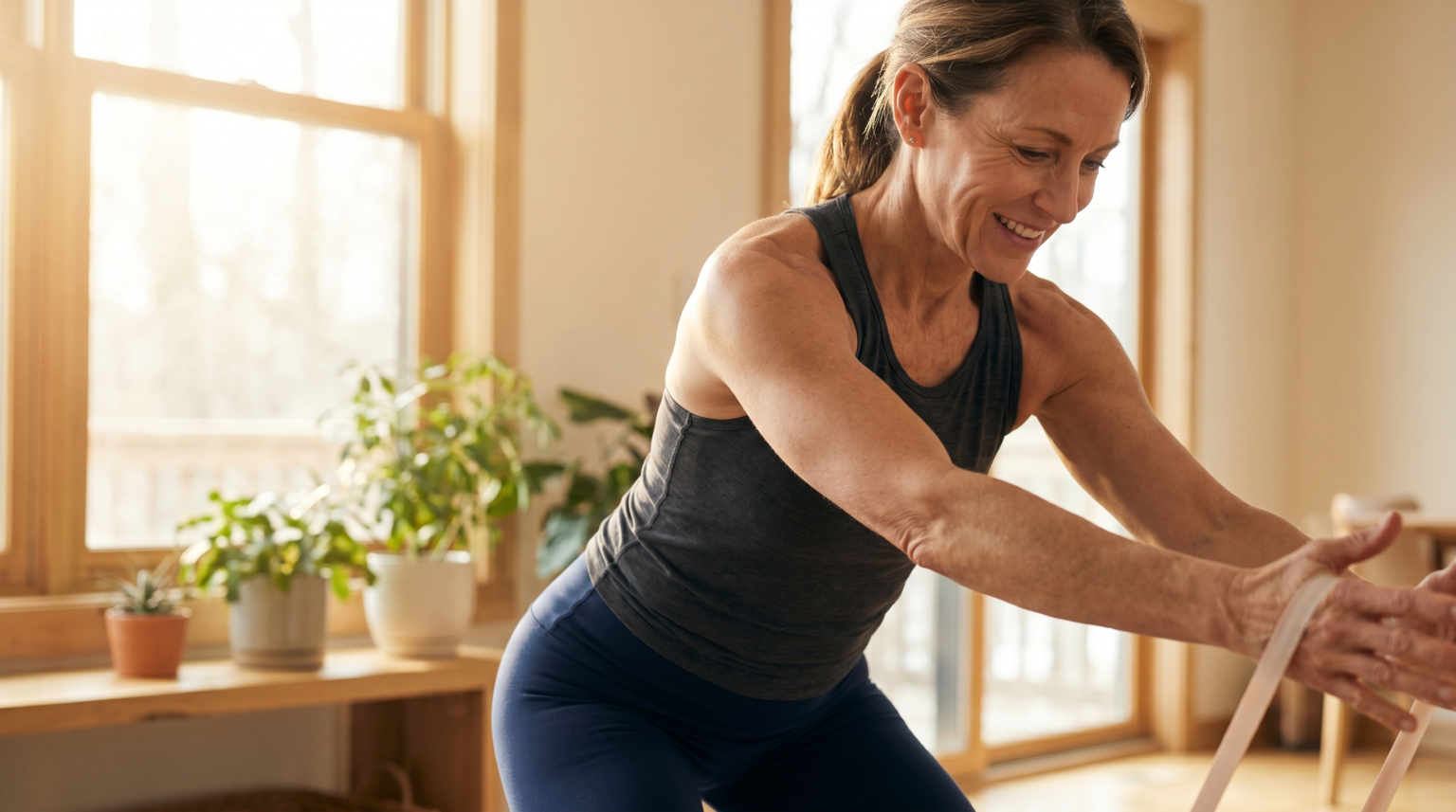 A lean, strong woman in her fifties doing a light strength session in a bright sunlit room