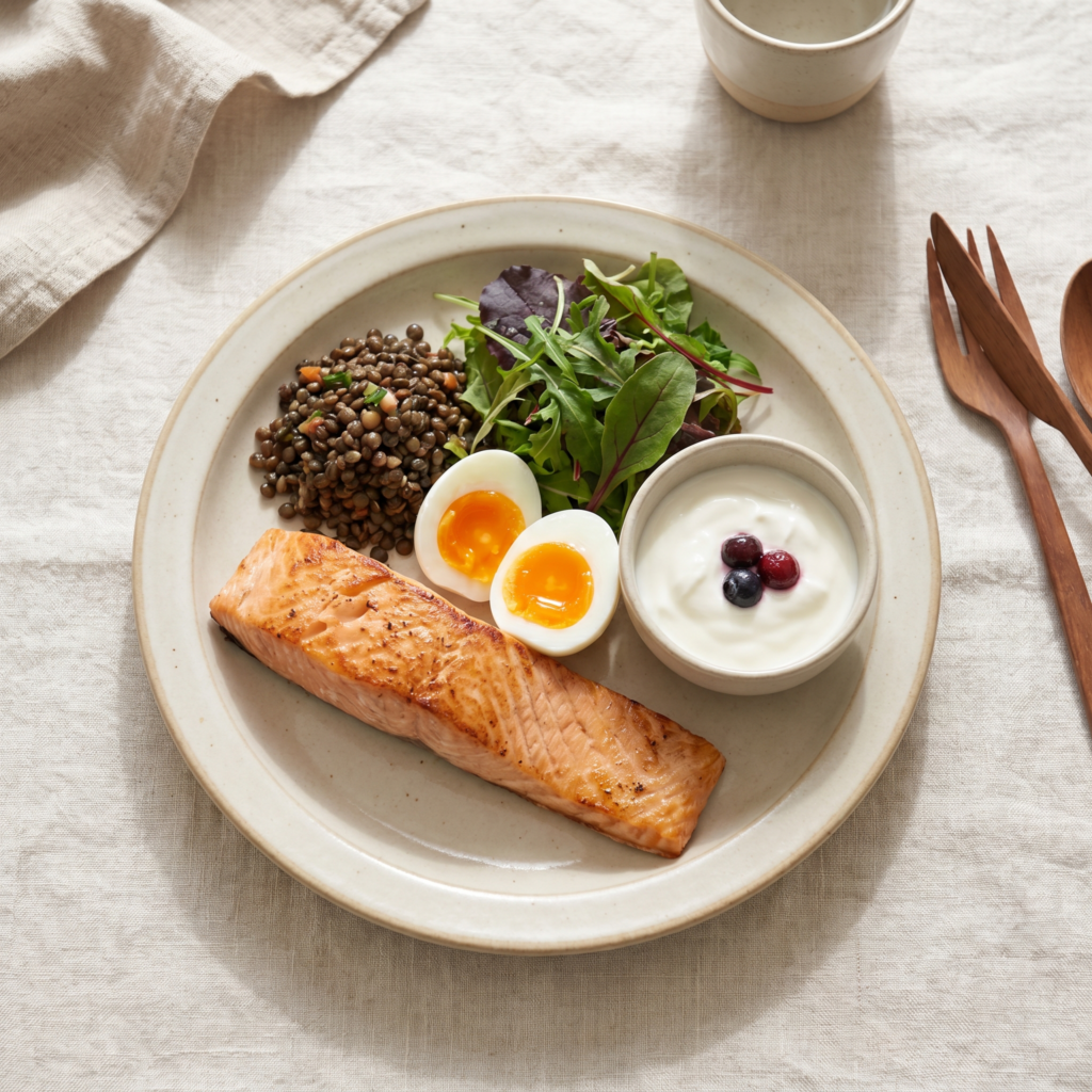 A plated high-protein meal of salmon, eggs, lentils and greens