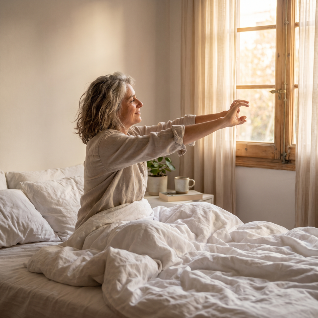 A serene sunlit bedroom with a person waking and stretching