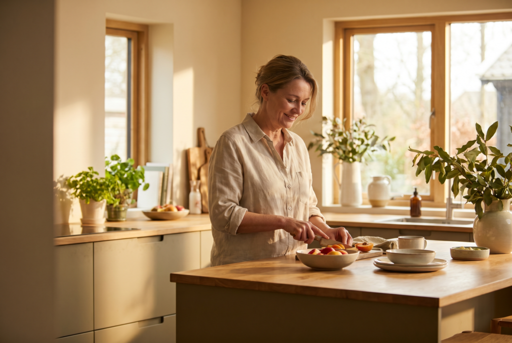 A relaxed person preparing a wholesome breakfast in a bright kitchen