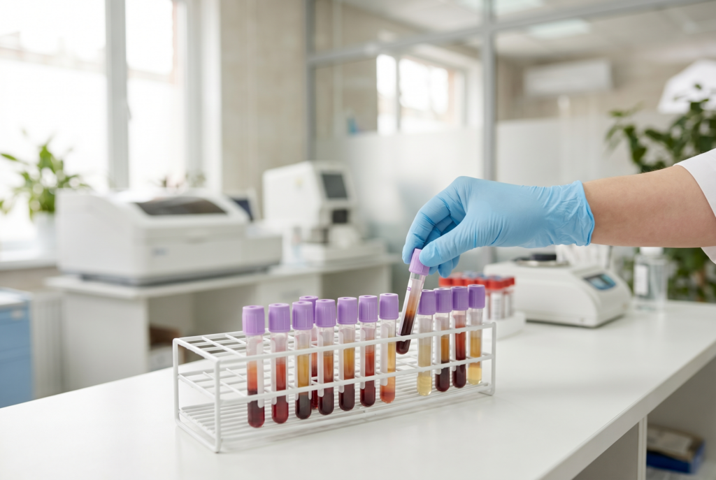 A gloved hand placing a blood sample vial into a rack in a bright lab