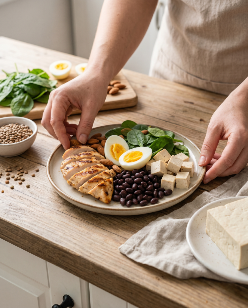 Hands assembling a colorful high-protein plate at a kitchen counter