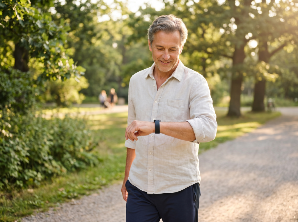 An active adult wearing a sleek fitness band, walking in a green park