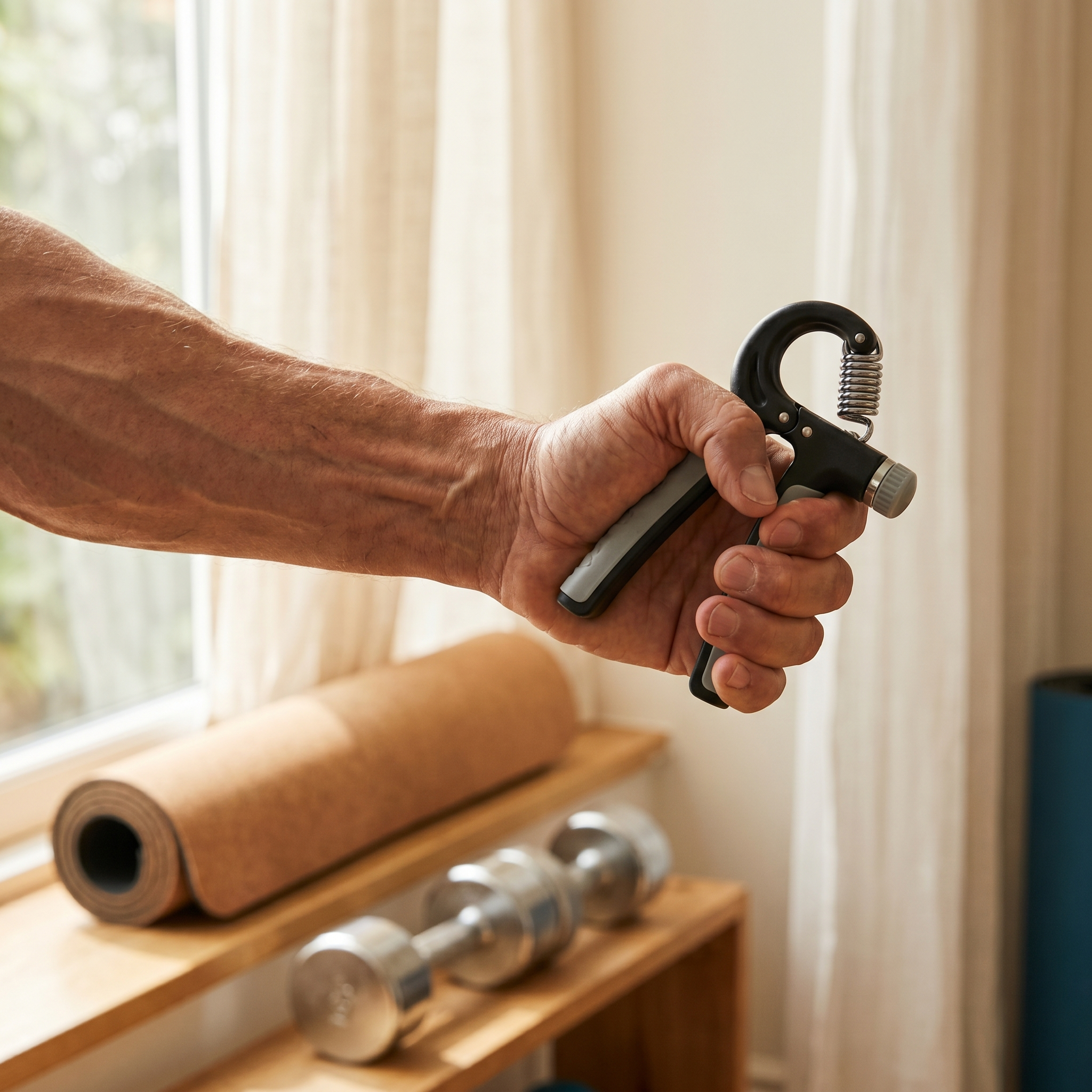 A hand squeezing a spring grip strengthener with a yoga mat and dumbbells behind