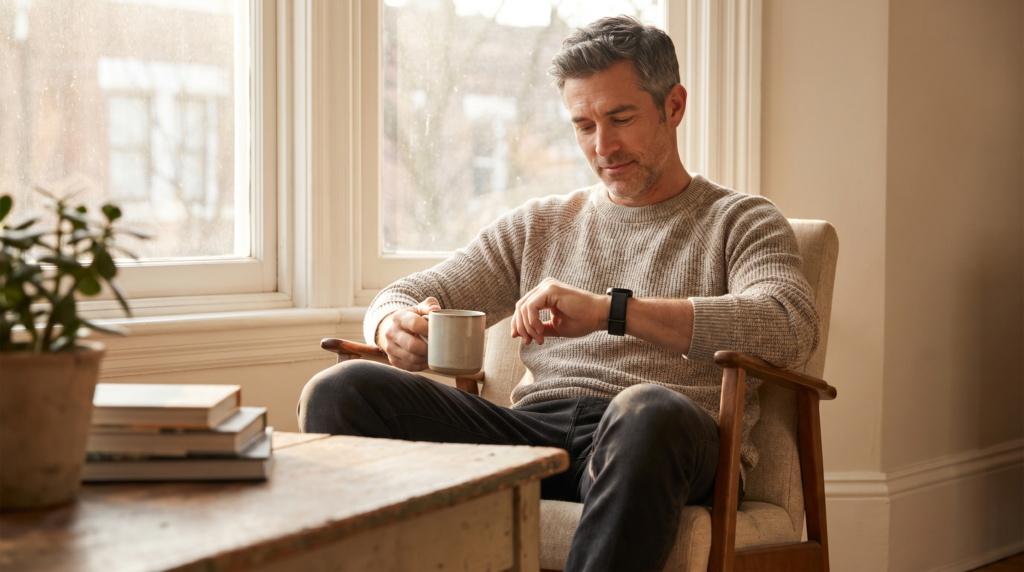 Man wearing the Hume band at home with coffee