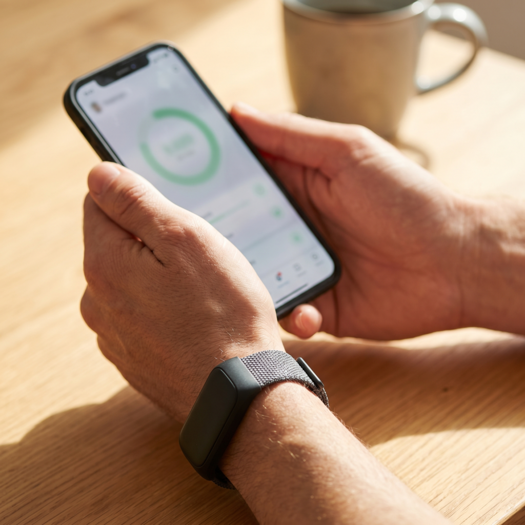 Hand holding a phone showing the Hume app dashboard