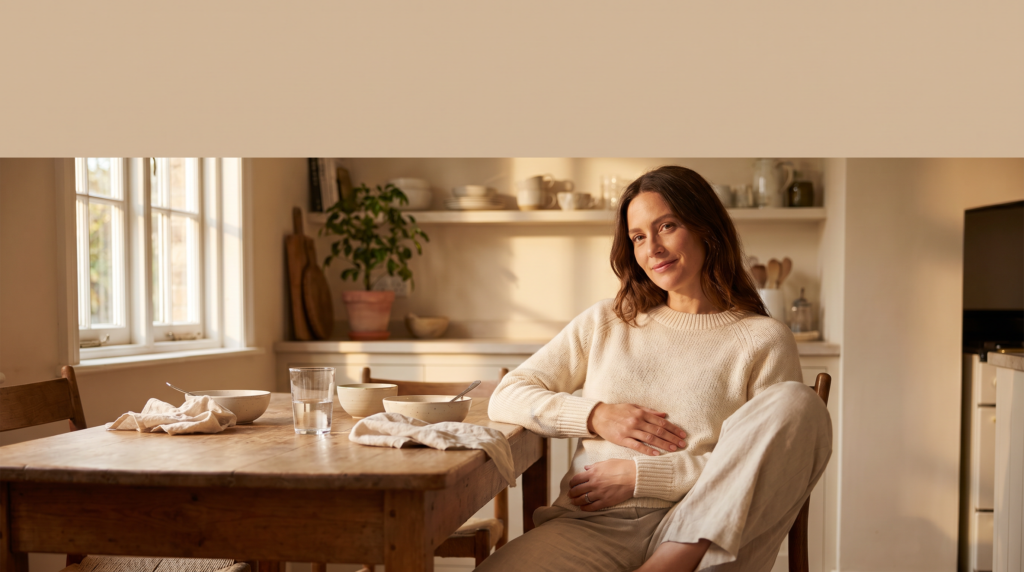A woman in her fifties seated after a meal in warm light, hand resting on her stomach