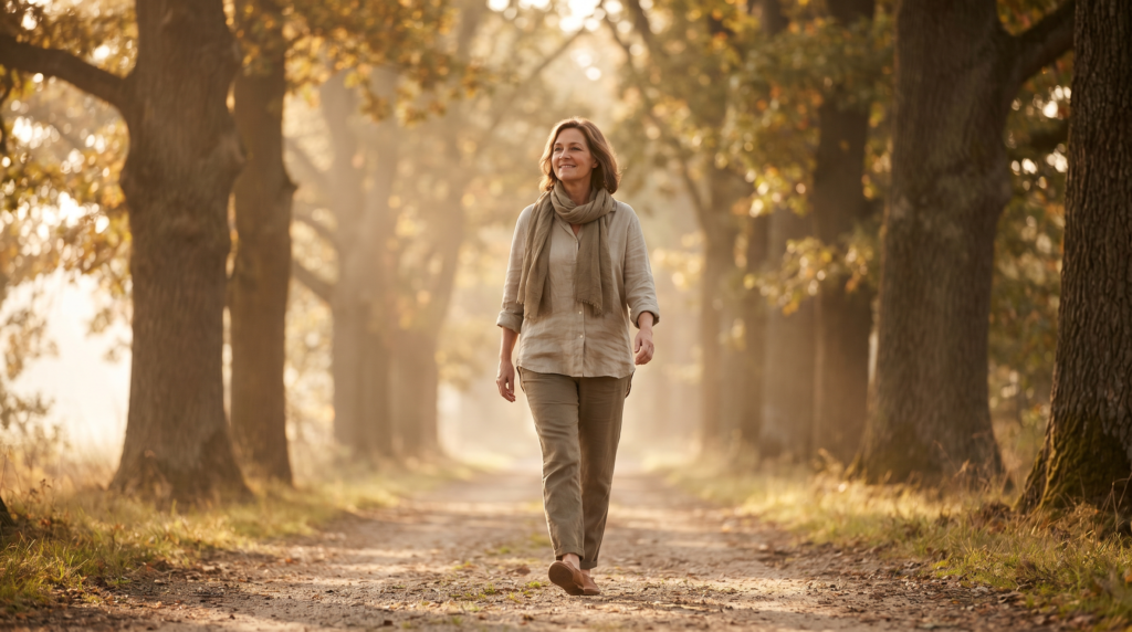 A woman taking a gentle relaxed walk outdoors in morning light