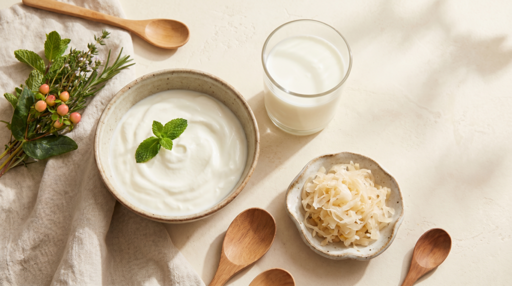 A warm flat-lay of yogurt, kefir and sauerkraut on a cream surface